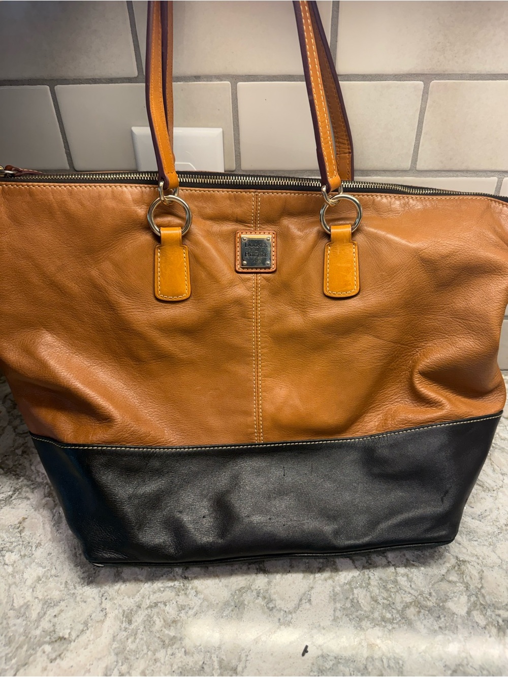 Dooney & Bourke Two Tone Brown Black Leather Large Tote Shoulder Bag